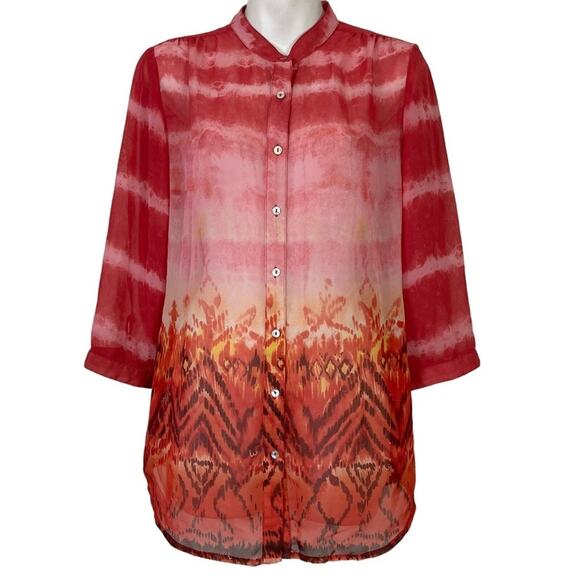 Chicos Pink Orange Button Down Sheer 3/4 Sleeve Long Line Top Shirt Blouse 0/ S - Picture 1 of 15